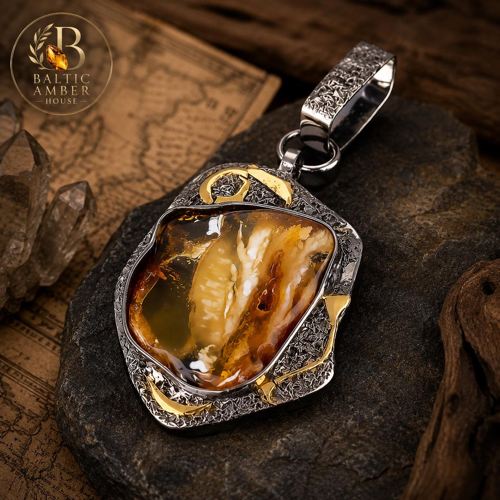 Luxury Natural Baltic Amber Pendant, One of a Kind Jewelry, 925 Sterling Silver, Gold Plated, Handmade Gift
