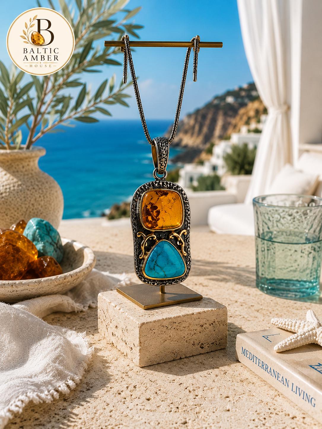 Natural Baltic Amber & Turquoise Pendant, 925 Sterling Silver Gold Plated, Handmade Statement Jewelry, One of a Kind Gift