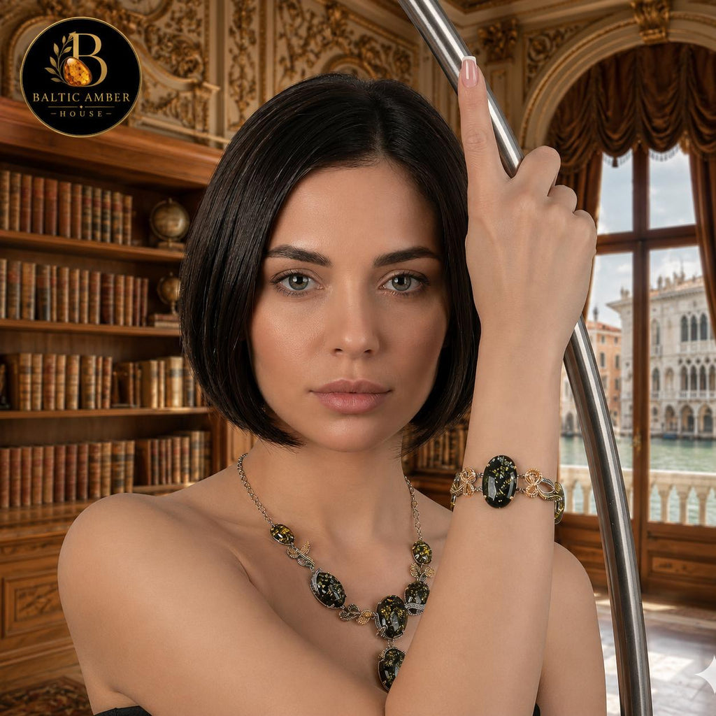One of a Kind Baltic Amber Jewelry Set, Green Amber Necklace and Bracelet, Museum Quality Collector Jewelry