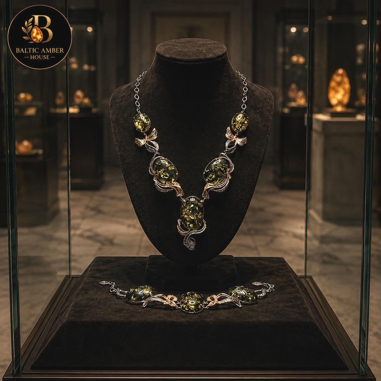 One of a Kind Baltic Amber Jewelry Set, Green Amber Necklace and Bracelet, Museum Quality Collector Jewelry