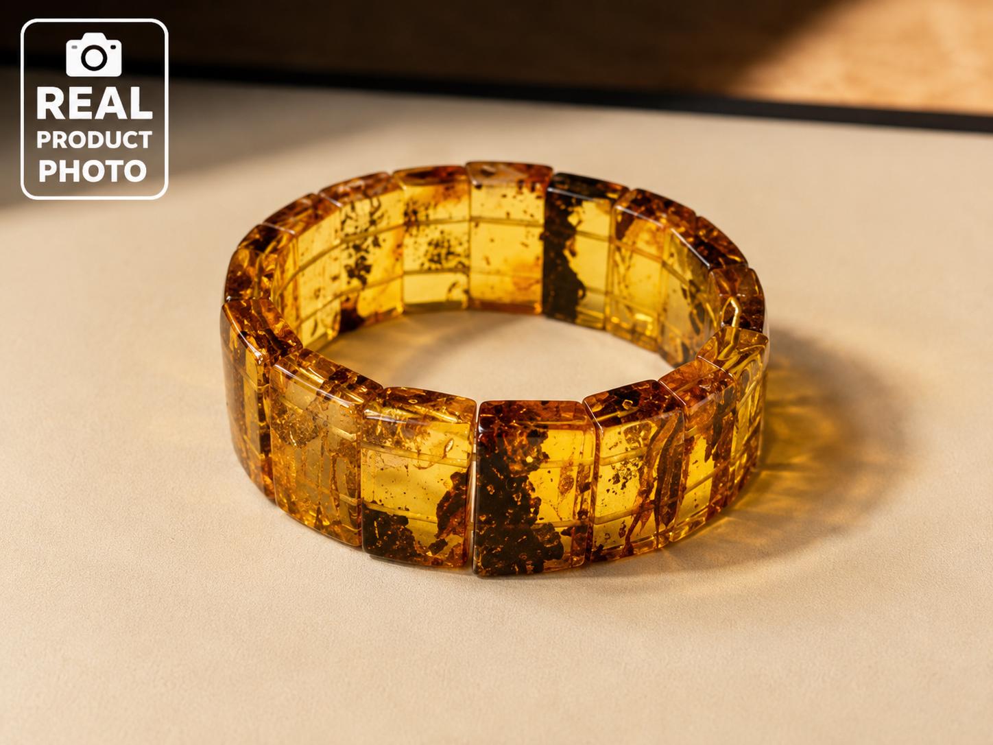 Natural Baltic Amber Bracelet for Men, Green Amber Cuff Bracelet, Genuine Baltic Amber Stretch Bracelet, Statement Amber Jewelry for Him