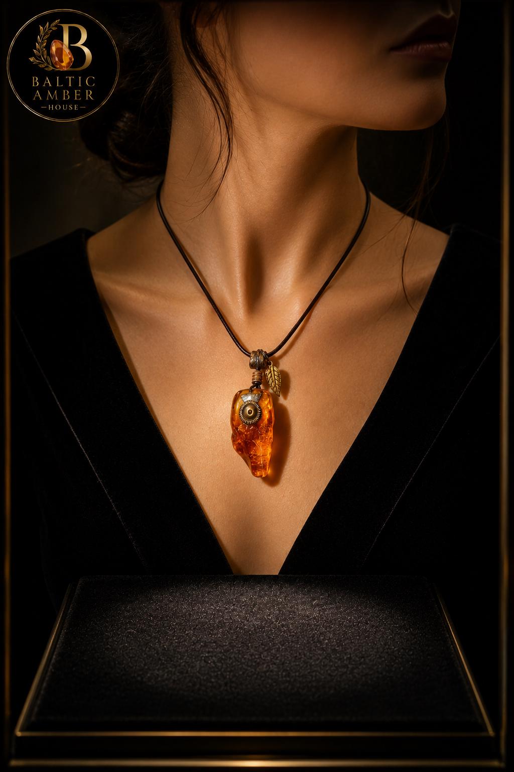 Unisex Baltic Amber Pendant Necklace, Genuine Amber Leather Cord Necklace, Boho Nature Jewelry, Rustic Nordic Gift for Men Women