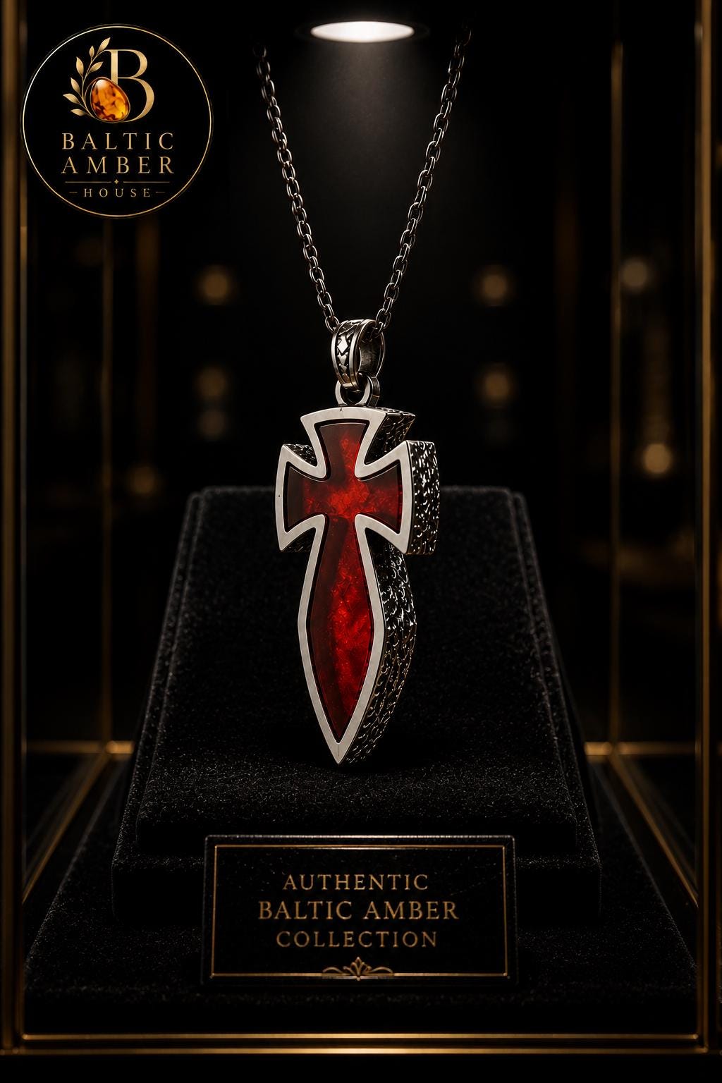 Natural Baltic Amber Cross Pendant for Men, Sterling Silver 925 Necklace, Cherry Amber Templar Cross, Gothic Christian Jewelry, Gift for Him