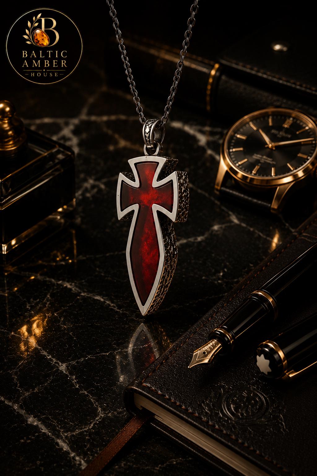 Natural Baltic Amber Cross Pendant for Men, Sterling Silver 925 Necklace, Cherry Amber Templar Cross, Gothic Christian Jewelry, Gift for Him