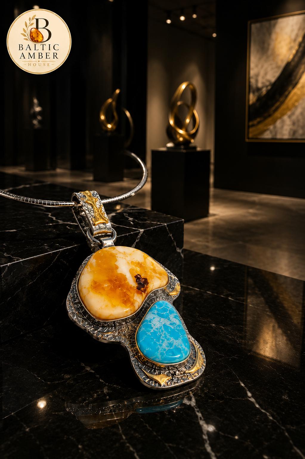 Natural Baltic Amber & Turquoise Pendant Necklace, 925 Sterling Silver Gold Plated, Handmade Statement Jewelry, Luxury Gift for Her