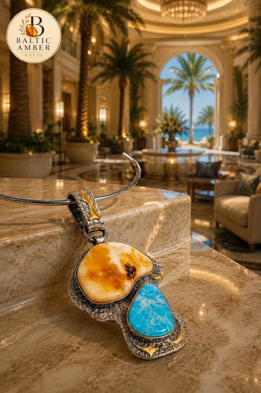 Natural Baltic Amber & Turquoise Pendant Necklace, 925 Sterling Silver Gold Plated, Handmade Statement Jewelry, Luxury Gift for Her