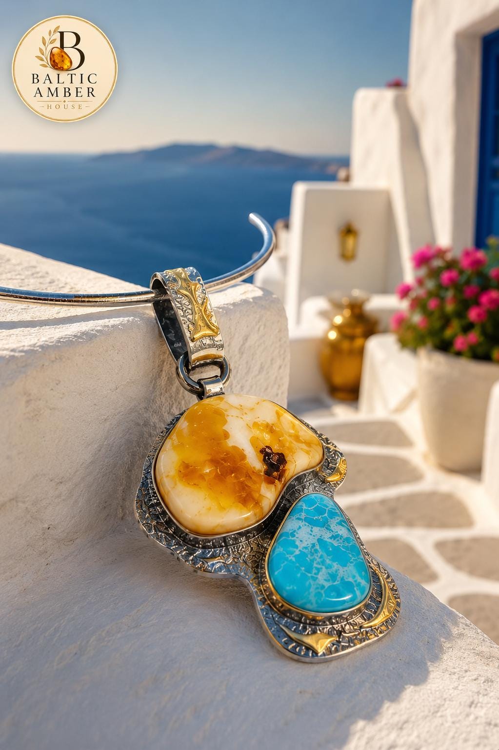 Natural Baltic Amber & Turquoise Pendant Necklace, 925 Sterling Silver Gold Plated, Handmade Statement Jewelry, Luxury Gift for Her