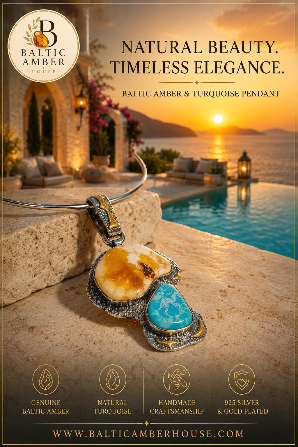 Natural Baltic Amber & Turquoise Pendant Necklace, 925 Sterling Silver Gold Plated, Handmade Statement Jewelry, Luxury Gift for Her