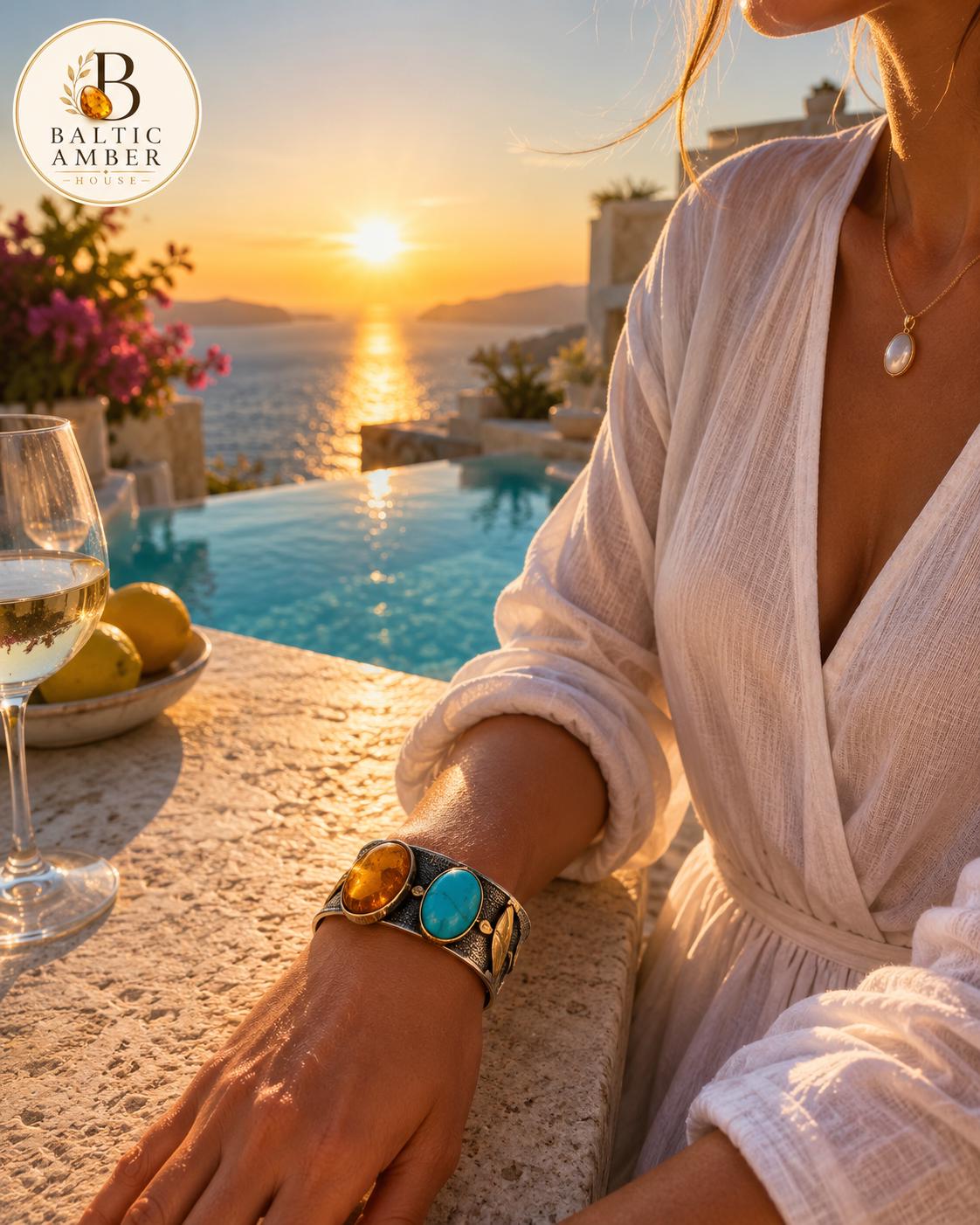 Natural Baltic Amber & Turquoise Bracelet, 925 Sterling Silver Gold Plated Cuff, Handmade Luxury Statement Bracelet, Artisan Gift for Her