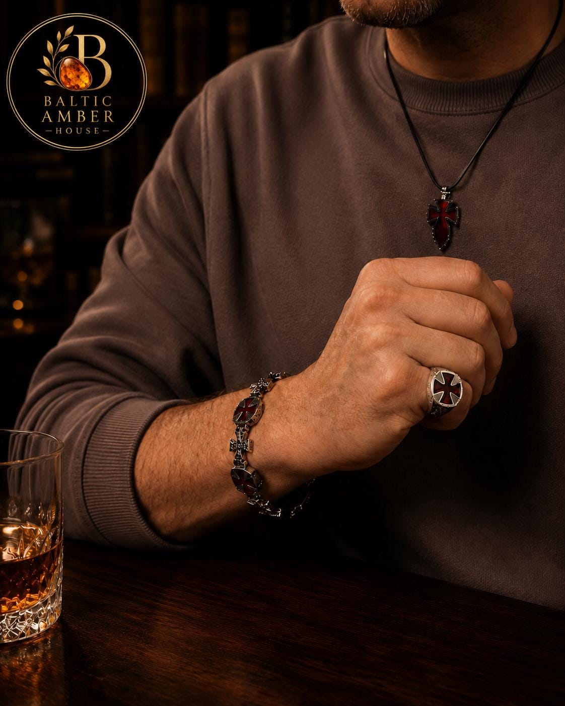 Knights Templar Amber Ring for Men, Genuine Baltic Amber Sterling Silver 925 Ring, Red Amber Signet Ring, Medieval Gift for Him