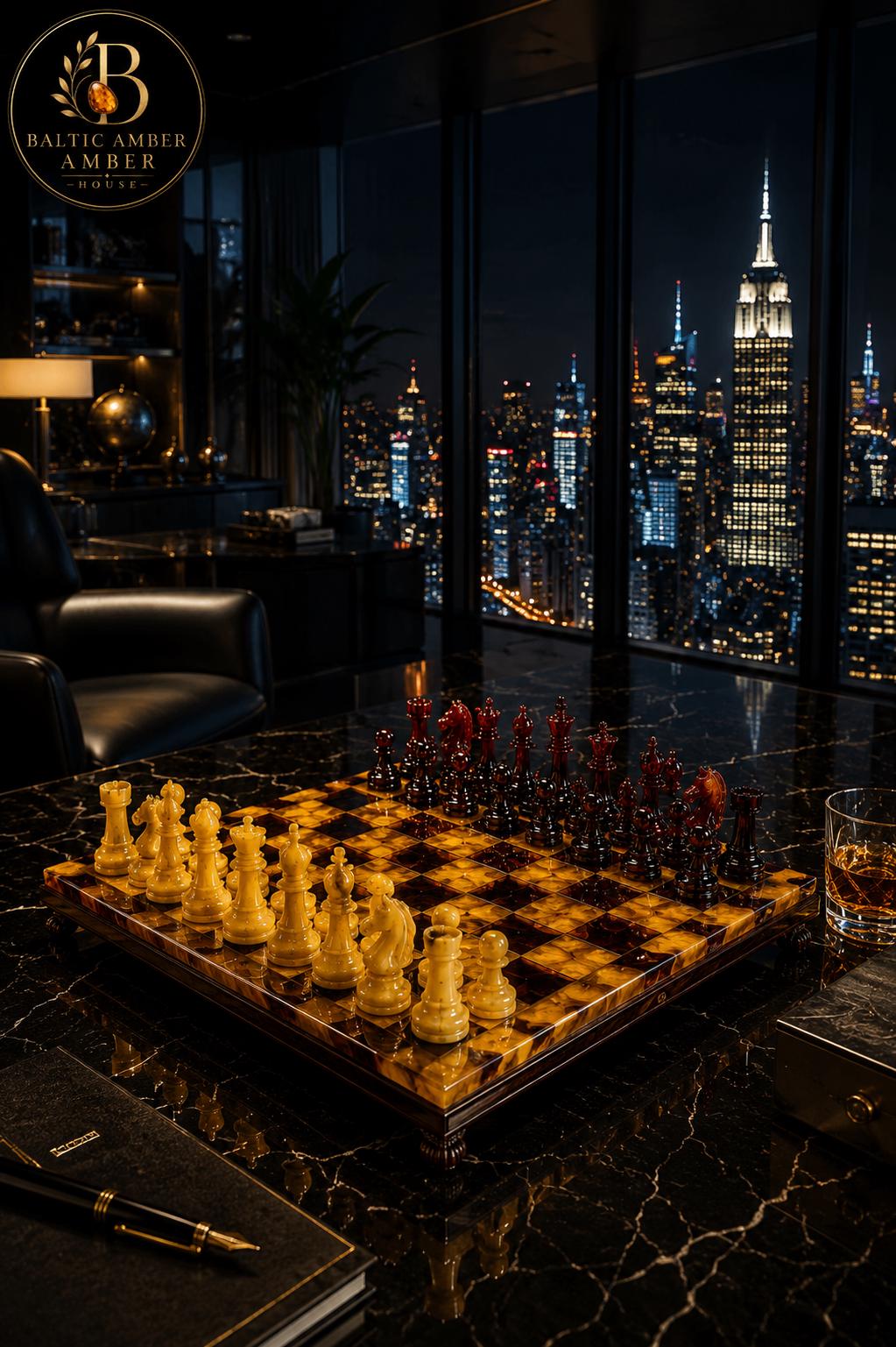 Natural Baltic Amber Chess Set, Luxury Wooden Chess Board, Handmade Chess Set, Executive Gift, Collector Game, One of a Kind Decor
