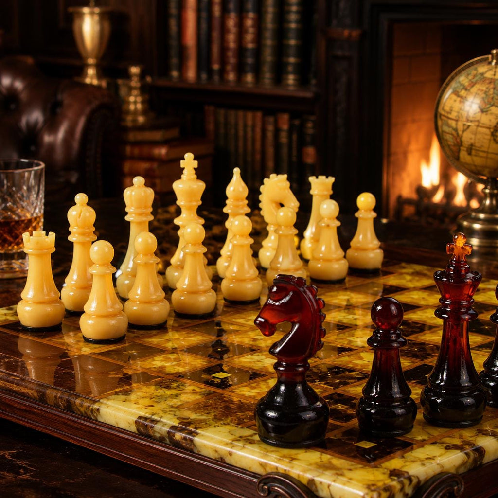 Natural Baltic Amber Chess Set, Luxury Wooden Chess Board, Handmade Chess Set, Executive Gift, Collector Game, One of a Kind Decor