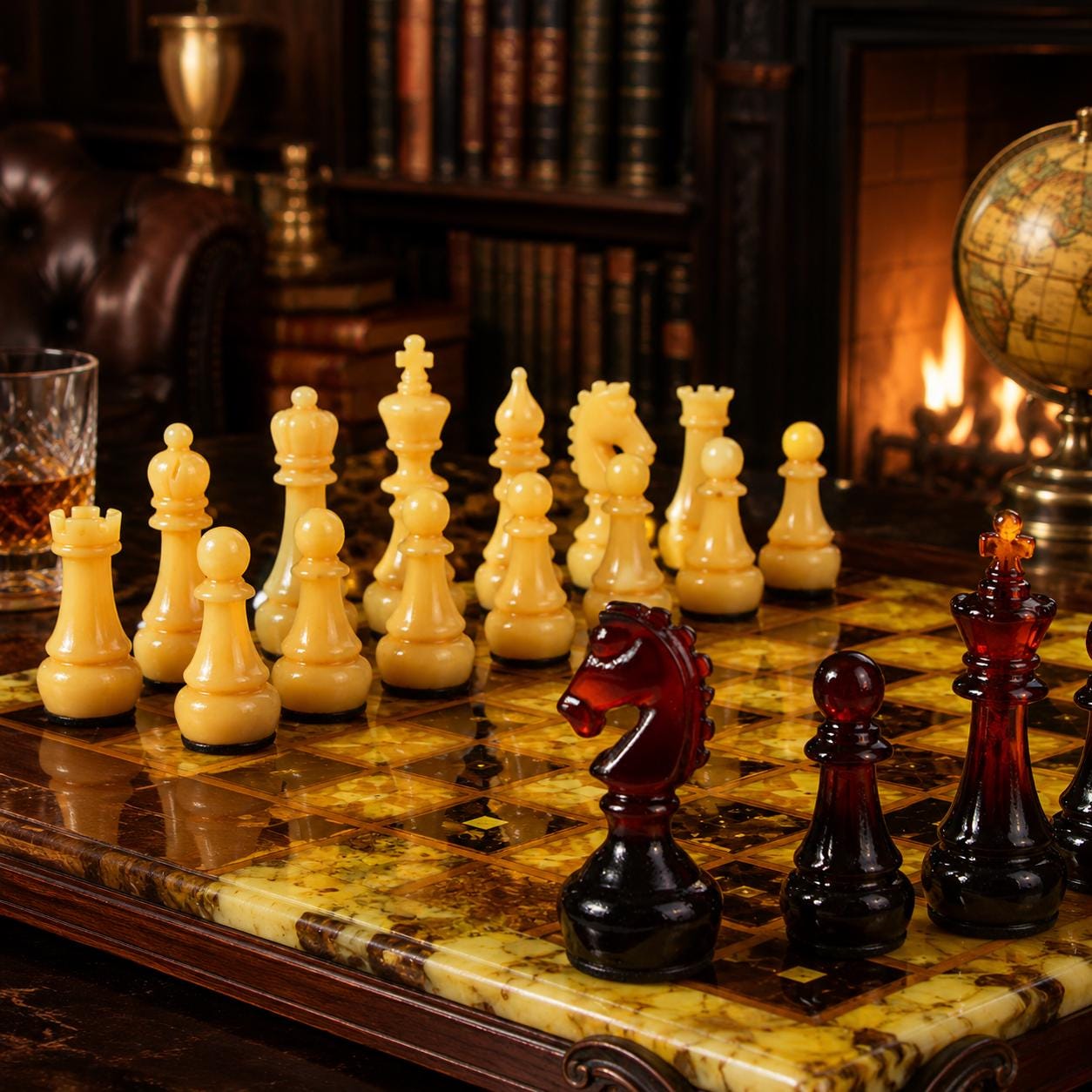 Natural Baltic Amber Chess Set, Luxury Wooden Chess Board, Handmade Chess Set, Executive Gift, Collector Game, One of a Kind Decor
