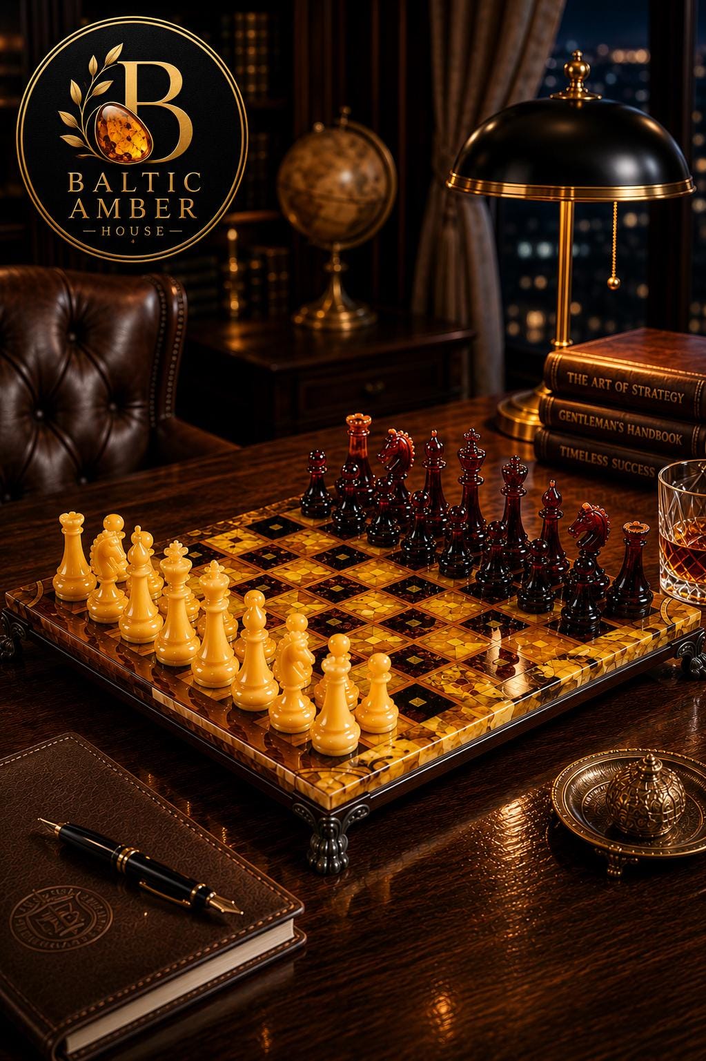 Natural Baltic Amber Chess Set, Luxury Wooden Chess Board, Handmade Chess Set, Executive Gift, Collector Game, One of a Kind Decor