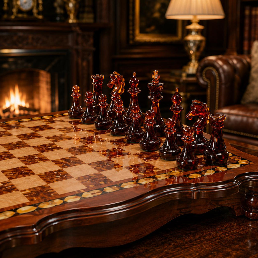 Luxury Baltic Amber Chess Set, Handmade Wooden Chess Board with Genuine Amber Pieces, Exclusive Collector Chess Game, Executive Gift for Him