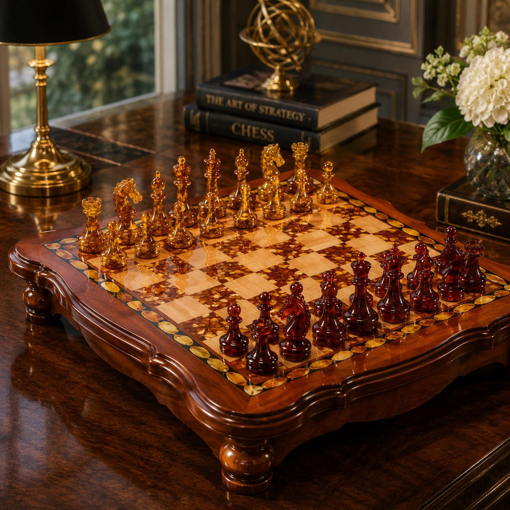 Luxury Baltic Amber Chess Set, Handmade Wooden Chess Board with Genuine Amber Pieces, Exclusive Collector Chess Game, Executive Gift for Him
