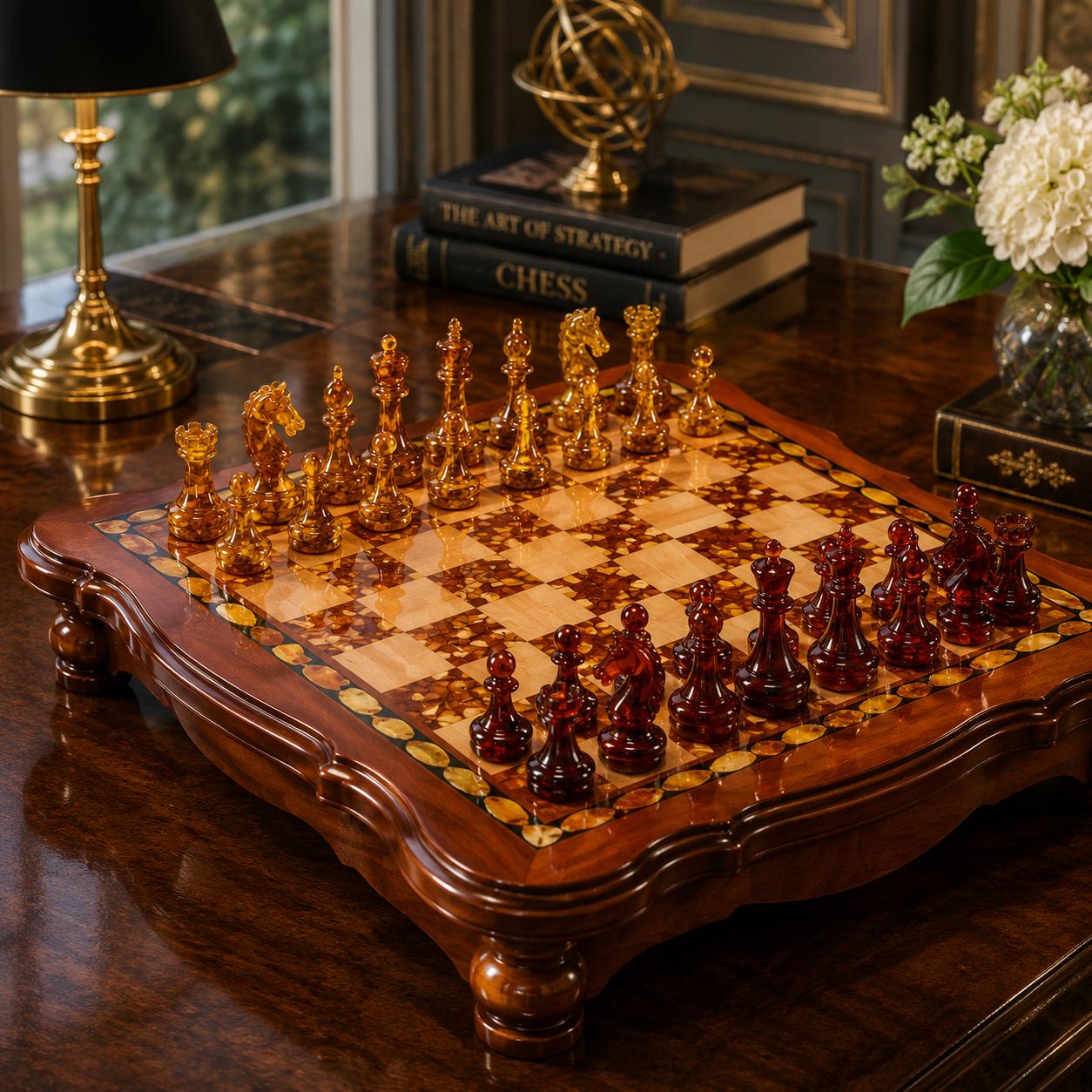Luxury Baltic Amber Chess Set, Handmade Wooden Chess Board with Genuine Amber Pieces, Exclusive Collector Chess Game, Executive Gift for Him