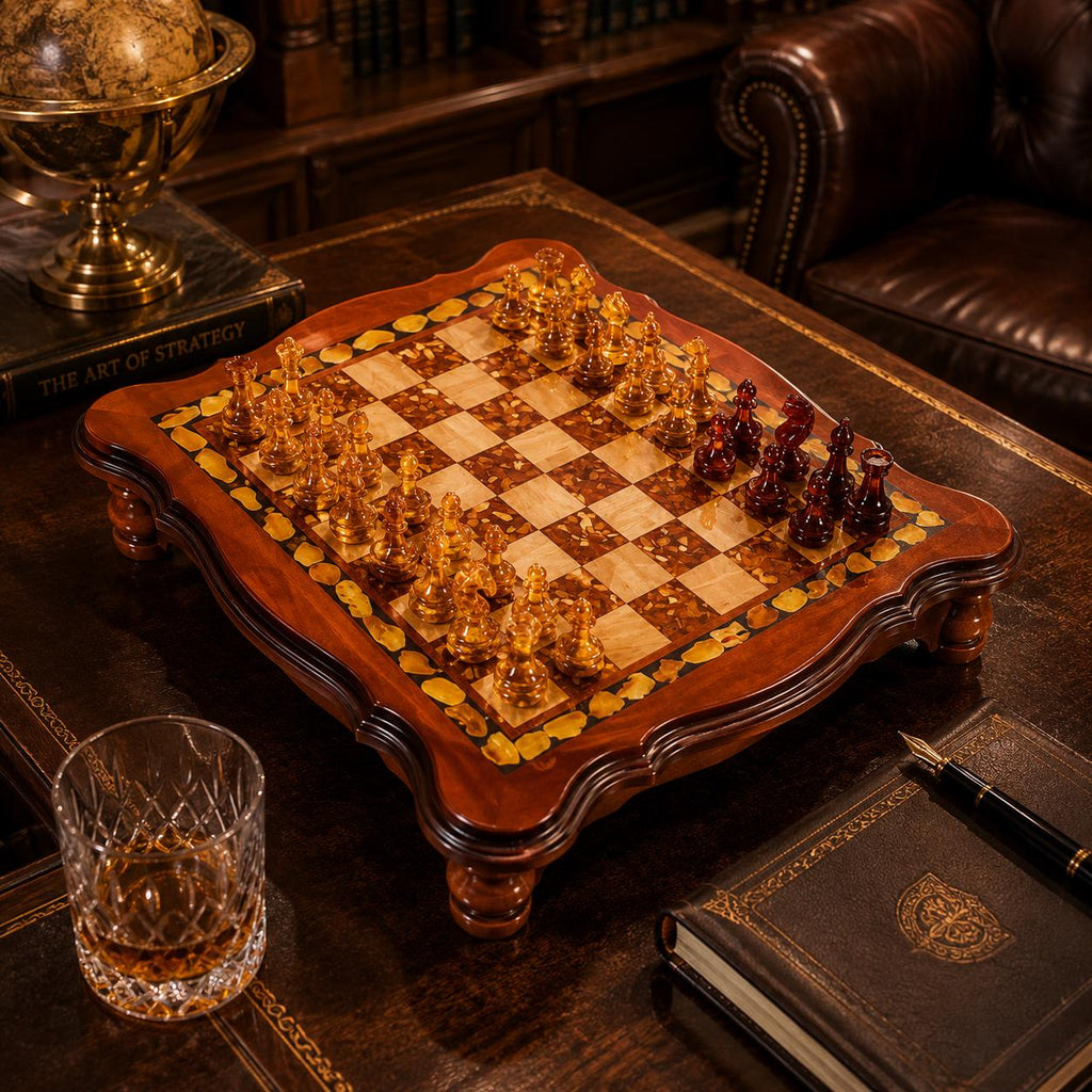 Luxury Baltic Amber Chess Set, Handmade Wooden Chess Board with Genuine Amber Pieces, Exclusive Collector Chess Game, Executive Gift for Him