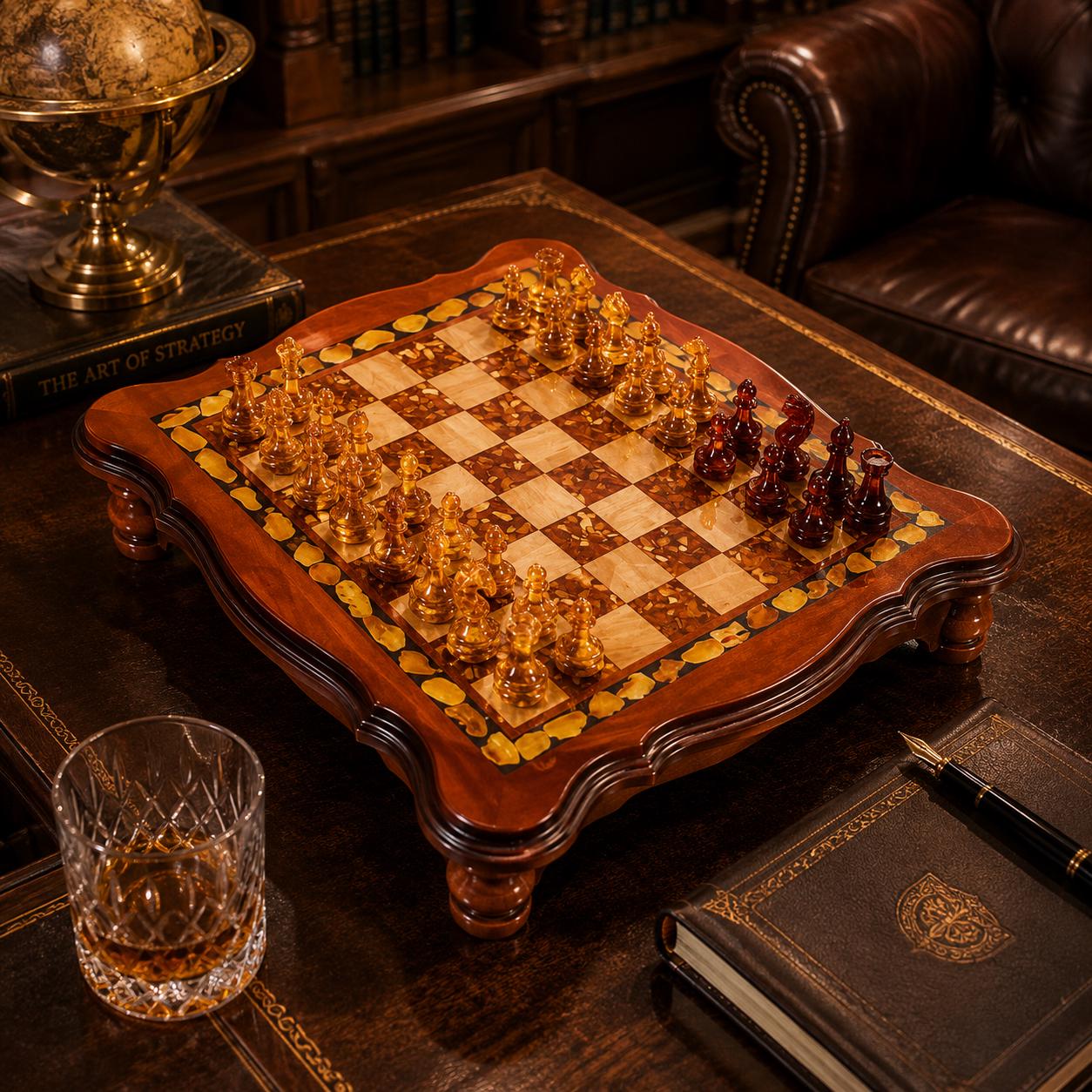 Luxury Baltic Amber Chess Set, Handmade Wooden Chess Board with Genuine Amber Pieces, Exclusive Collector Chess Game, Executive Gift for Him