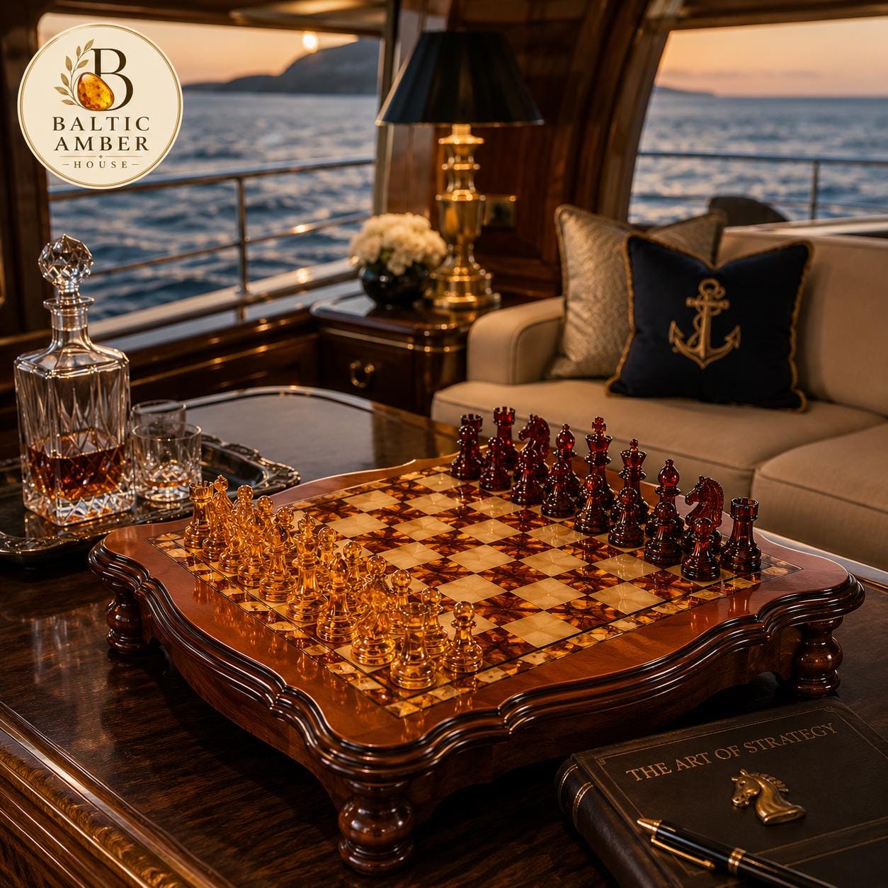 Luxury Baltic Amber Chess Set, Handmade Wooden Chess Board with Genuine Amber Pieces, Exclusive Collector Chess Game, Executive Gift for Him