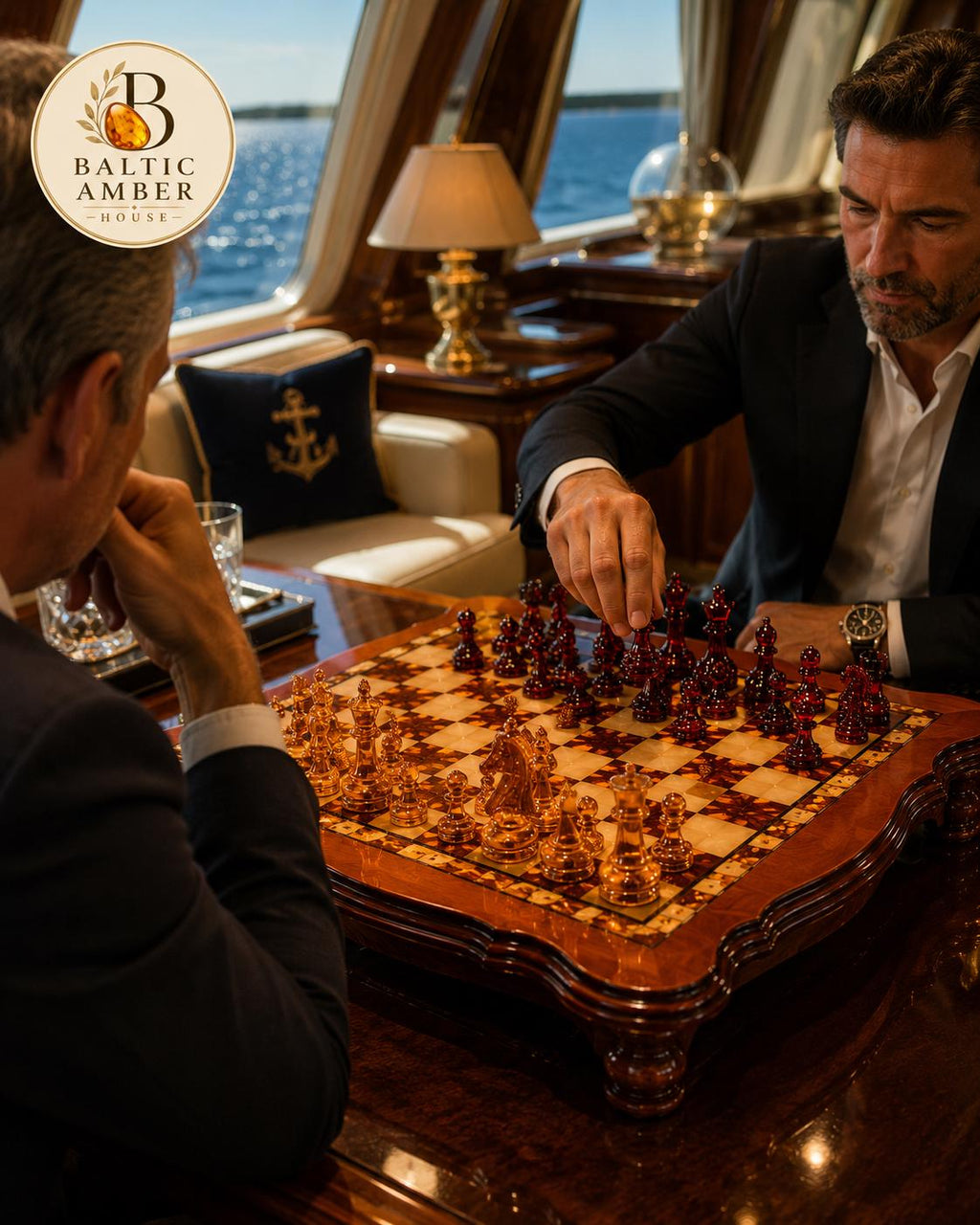 Luxury Baltic Amber Chess Set, Handmade Wooden Chess Board with Genuine Amber Pieces, Exclusive Collector Chess Game, Executive Gift for Him