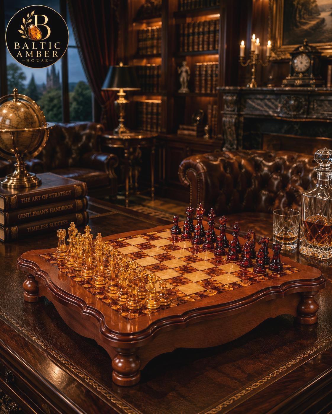 Luxury Baltic Amber Chess Set, Handmade Wooden Chess Board with Genuine Amber Pieces, Exclusive Collector Chess Game, Executive Gift for Him
