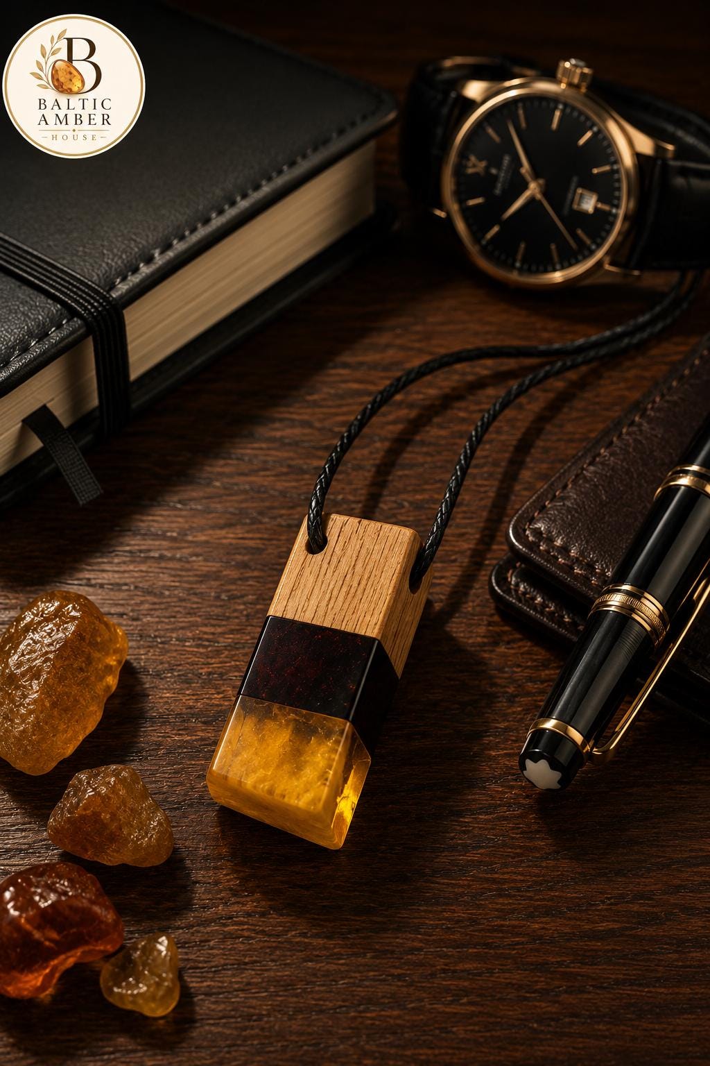 Natural Baltic Amber Wood Pendant, Handmade Wooden Amber Pendant, Genuine Baltic Amber Jewelry, Minimalist Unisex Gift for Him & Her