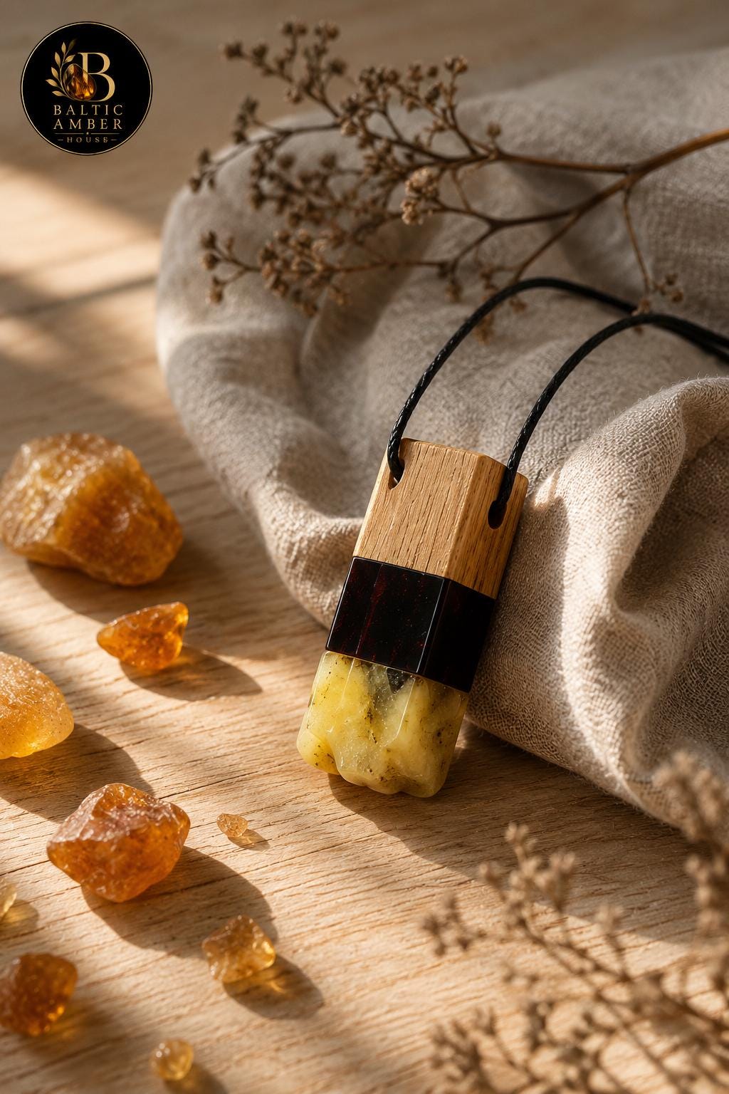 Natural Baltic Amber Wood Pendant, Handmade Wooden Amber Pendant, Genuine Baltic Amber Jewelry, Minimalist Unisex Gift for Him & Her