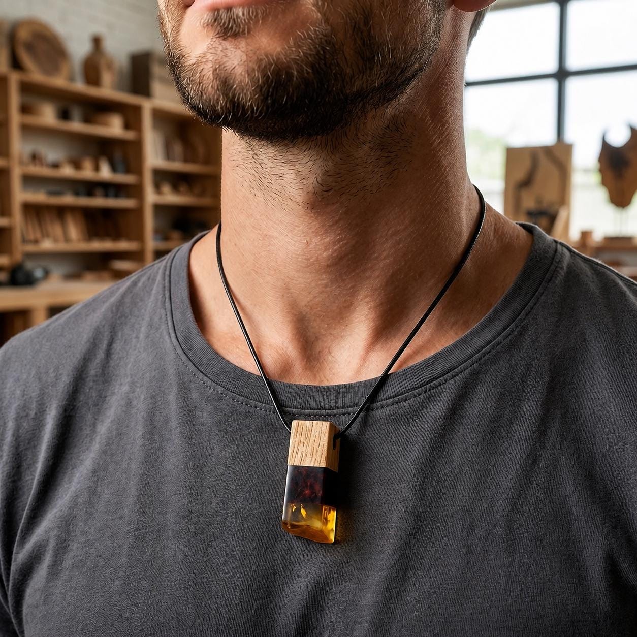 Natural Baltic Amber Wood Pendant, Handmade Wooden Amber Pendant, Genuine Baltic Amber Jewelry, Minimalist Unisex Gift for Him & Her