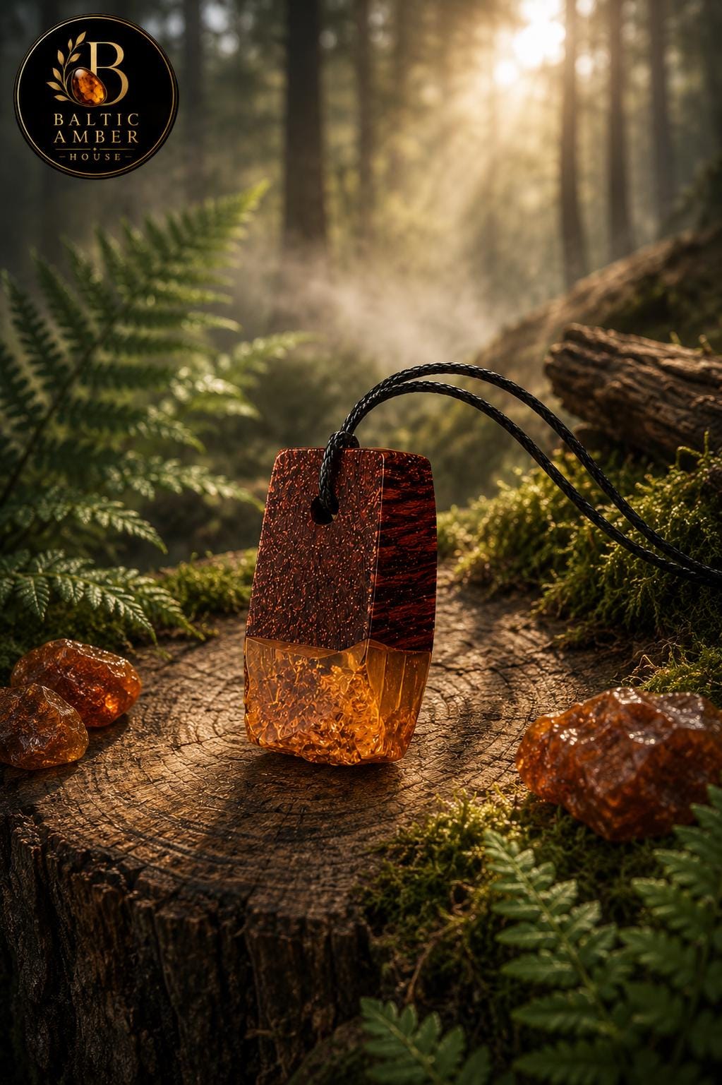 Natural Baltic Amber Wood Pendant, Handmade Unisex Pendant, Genuine Baltic Amber Jewelry, Wooden Pendant for Men & Women, One of a Kind Gift