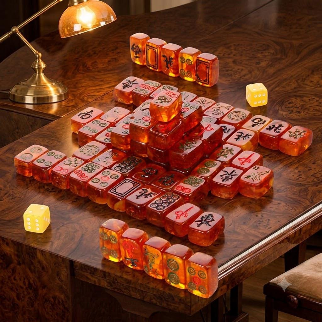 Luxury Baltic Amber Mahjong Set, Handmade Wooden Mahjong Game, Genuine Baltic Amber Tiles, Collector Board Game, Executive Gift