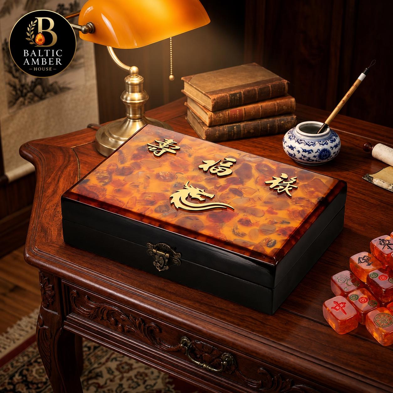 Luxury Baltic Amber Mahjong Set, Handmade Wooden Mahjong Game, Genuine Baltic Amber Tiles, Collector Board Game, Executive Gift