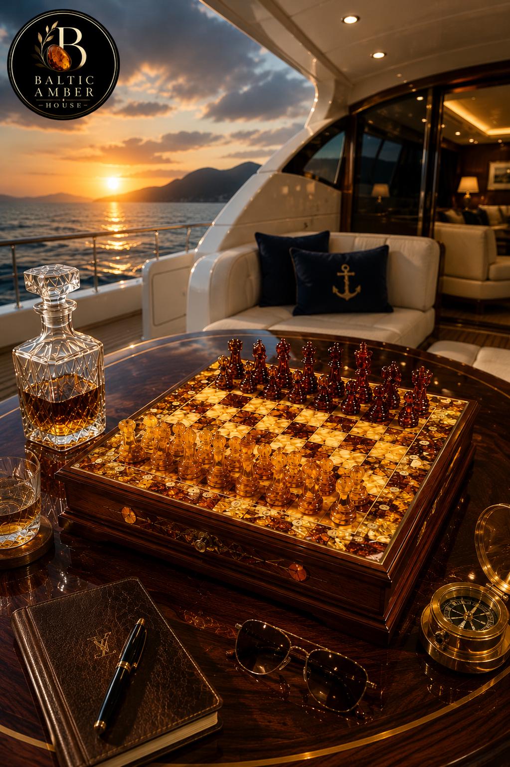 Luxury Baltic Amber Chess Set, Handmade Wooden Chess Board, Genuine Amber Chess Pieces, Executive Gift, Collector Game