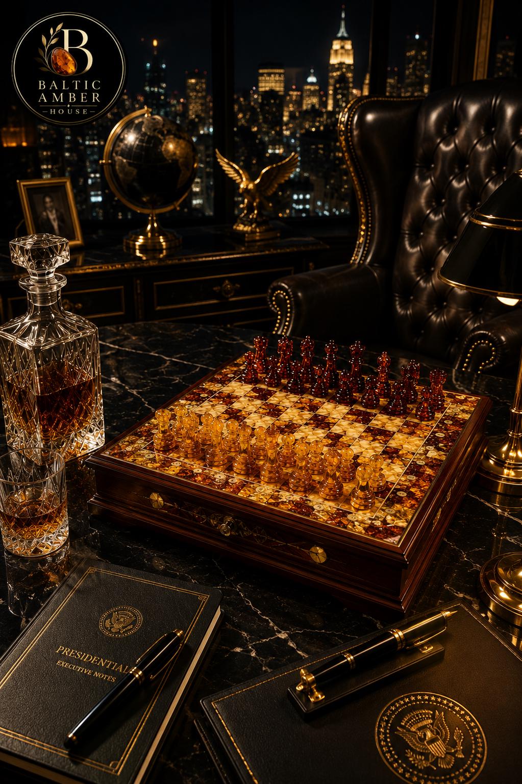 Luxury Baltic Amber Chess Set, Handmade Wooden Chess Board, Genuine Amber Chess Pieces, Executive Gift, Collector Game