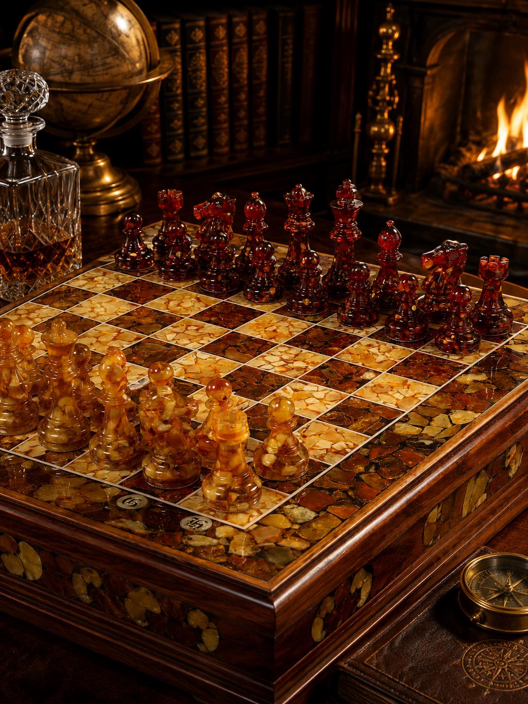 Luxury Baltic Amber Chess Set, Handmade Wooden Chess Board, Genuine Amber Chess Pieces, Executive Gift, Collector Game