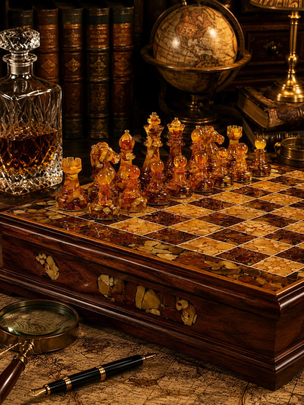 Luxury Baltic Amber Chess Set, Handmade Wooden Chess Board, Genuine Amber Chess Pieces, Executive Gift, Collector Game