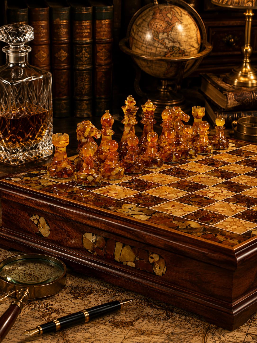 Luxury Baltic Amber Chess Set, Handmade Wooden Chess Board, Genuine Amber Chess Pieces, Executive Gift, Collector Game