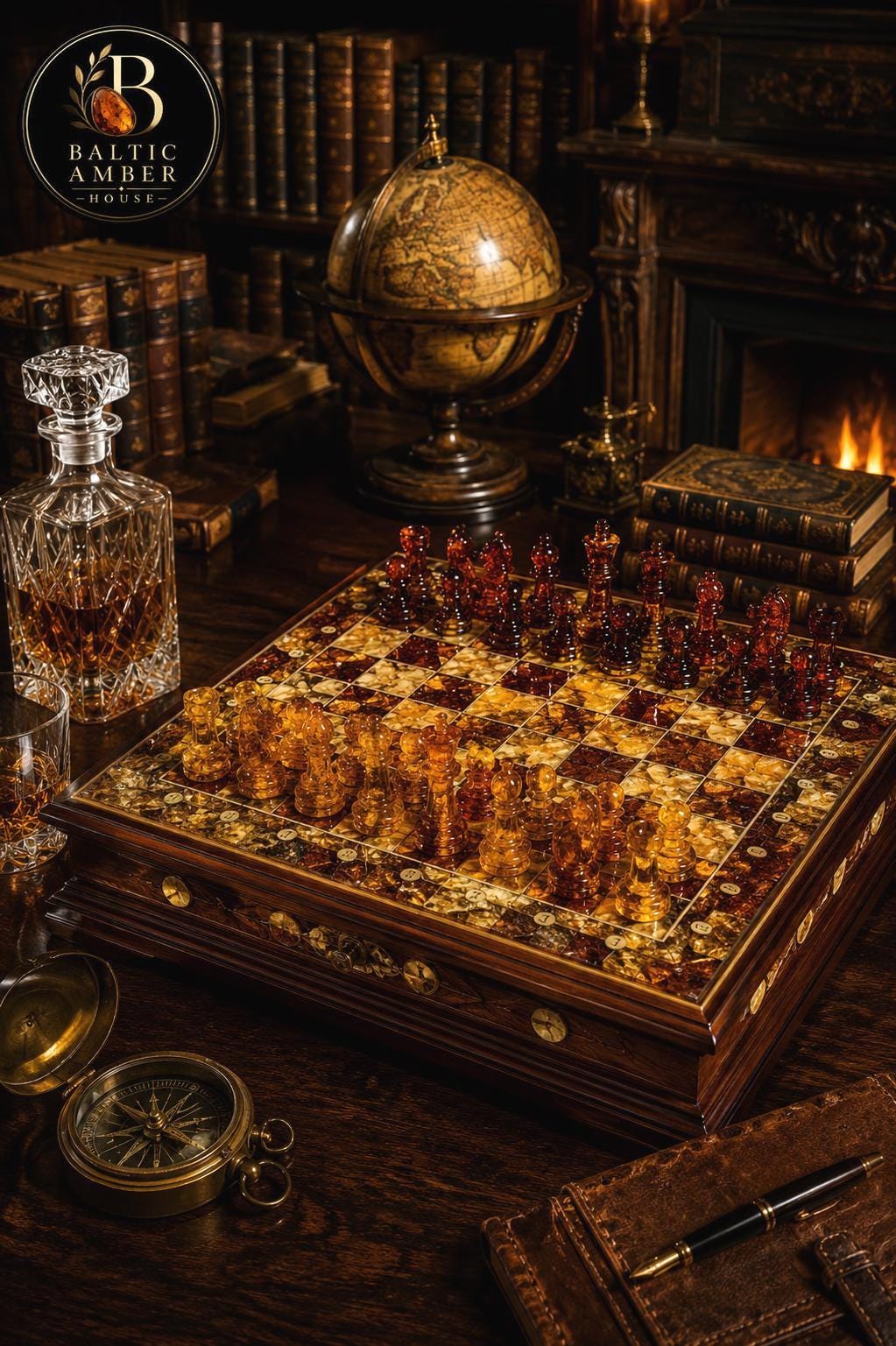 Luxury Baltic Amber Chess Set, Handmade Wooden Chess Board, Genuine Amber Chess Pieces, Executive Gift, Collector Game