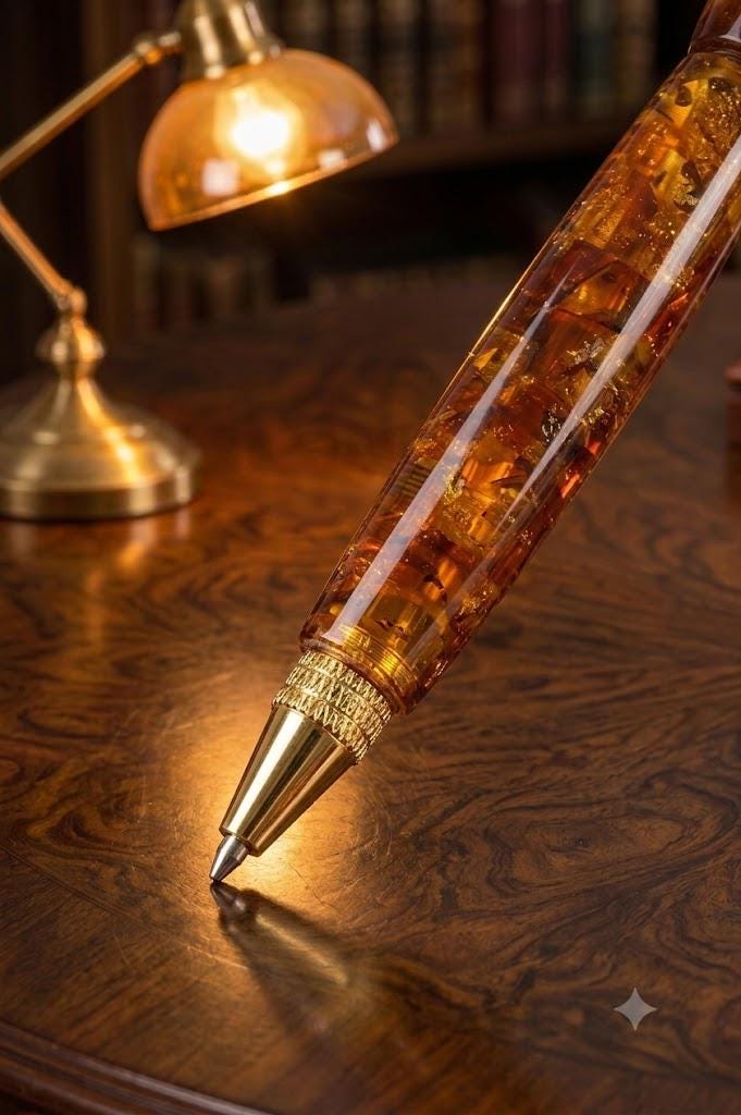 Natural Baltic Amber Ballpoint Pen, Gold Plated Executive Pen, Handmade Luxury Gift for Him, Amber Desk Accessory, Gift Box Included