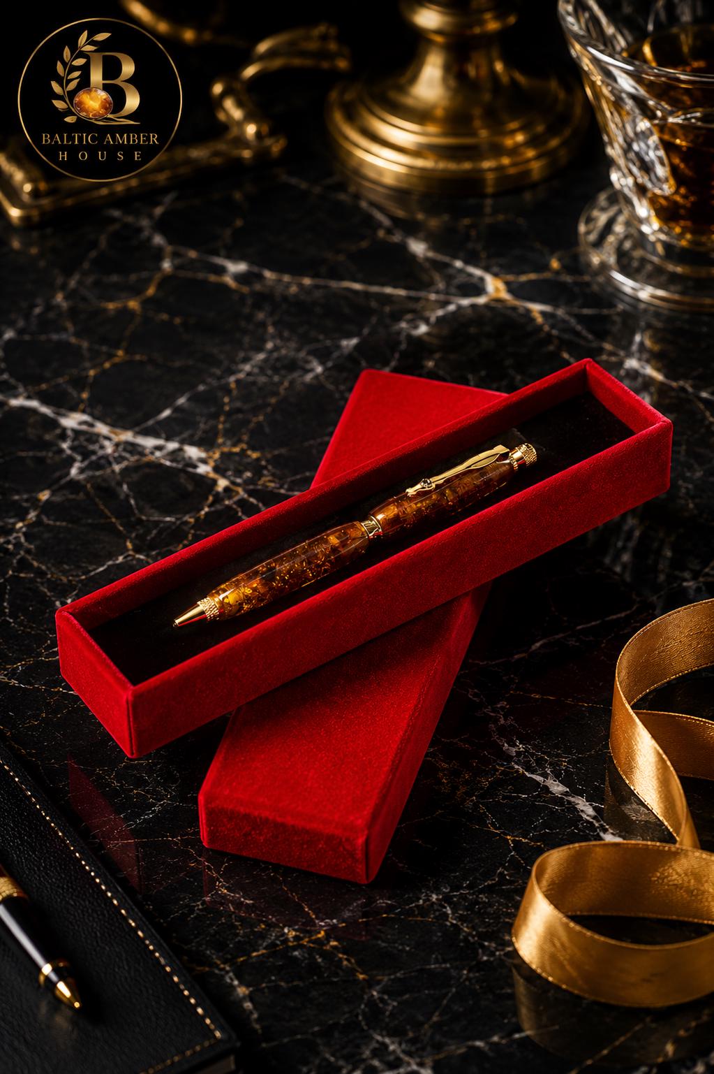 Natural Baltic Amber Ballpoint Pen, Gold Plated Executive Pen, Handmade Luxury Gift for Him, Amber Desk Accessory, Gift Box Included