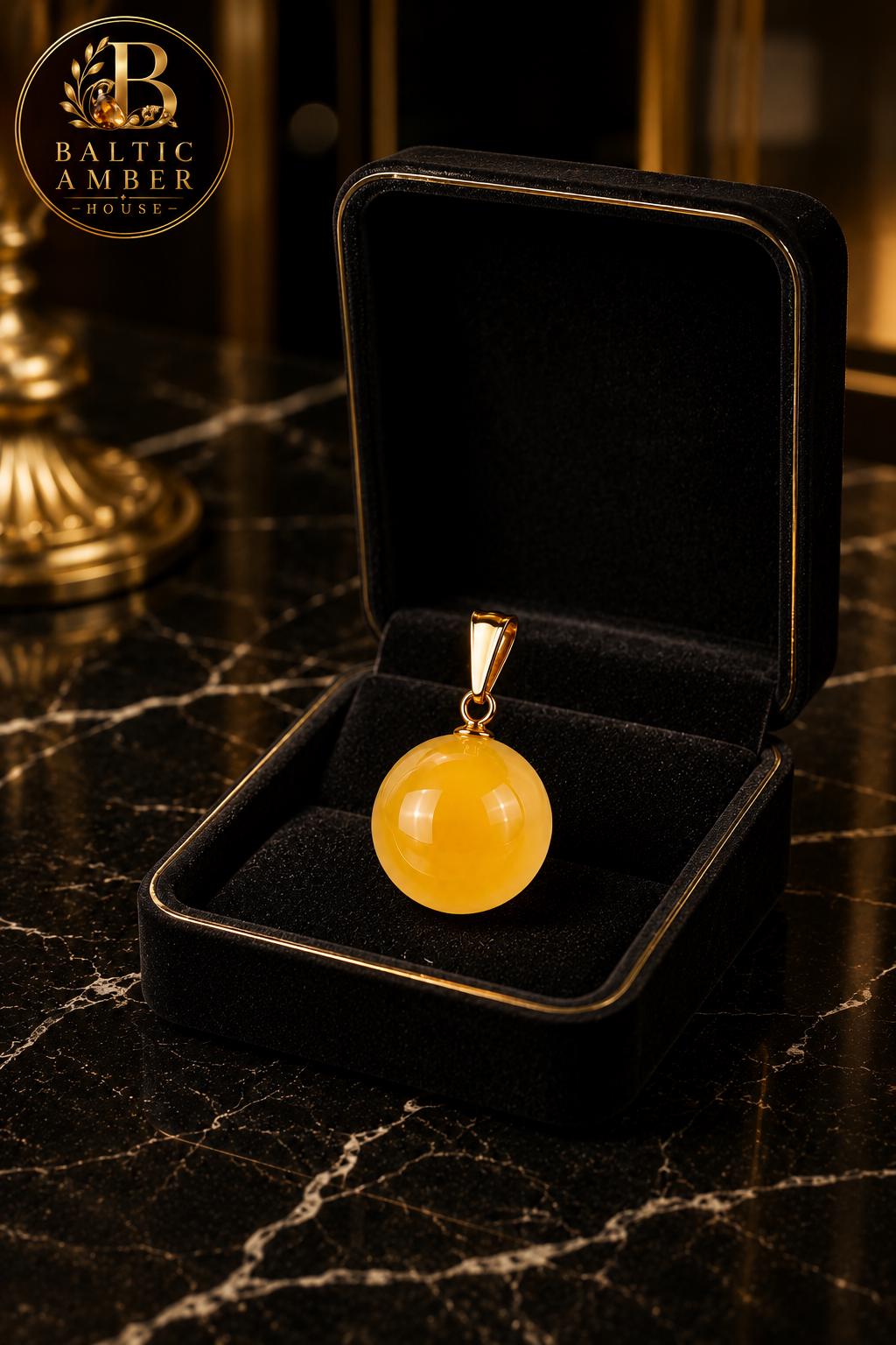 14K Gold Baltic Amber Sphere Pendant, Genuine Lemon Amber Necklace, Natural Round Amber Pendant, Luxury Gift for Her, One of a Kind Jewelry