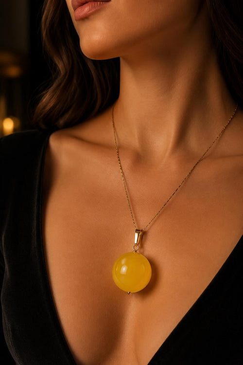 14K Gold Baltic Amber Sphere Pendant, Genuine Lemon Amber Necklace, Natural Round Amber Pendant, Luxury Gift for Her, One of a Kind Jewelry