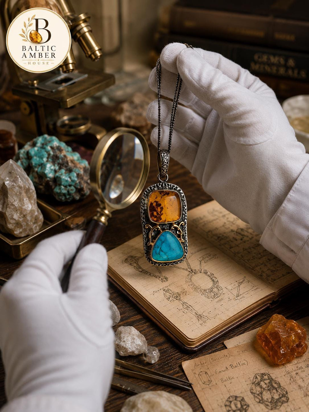Natural Baltic Amber & Turquoise Pendant, 925 Sterling Silver Gold Plated, Handmade Statement Jewelry, One of a Kind Gift
