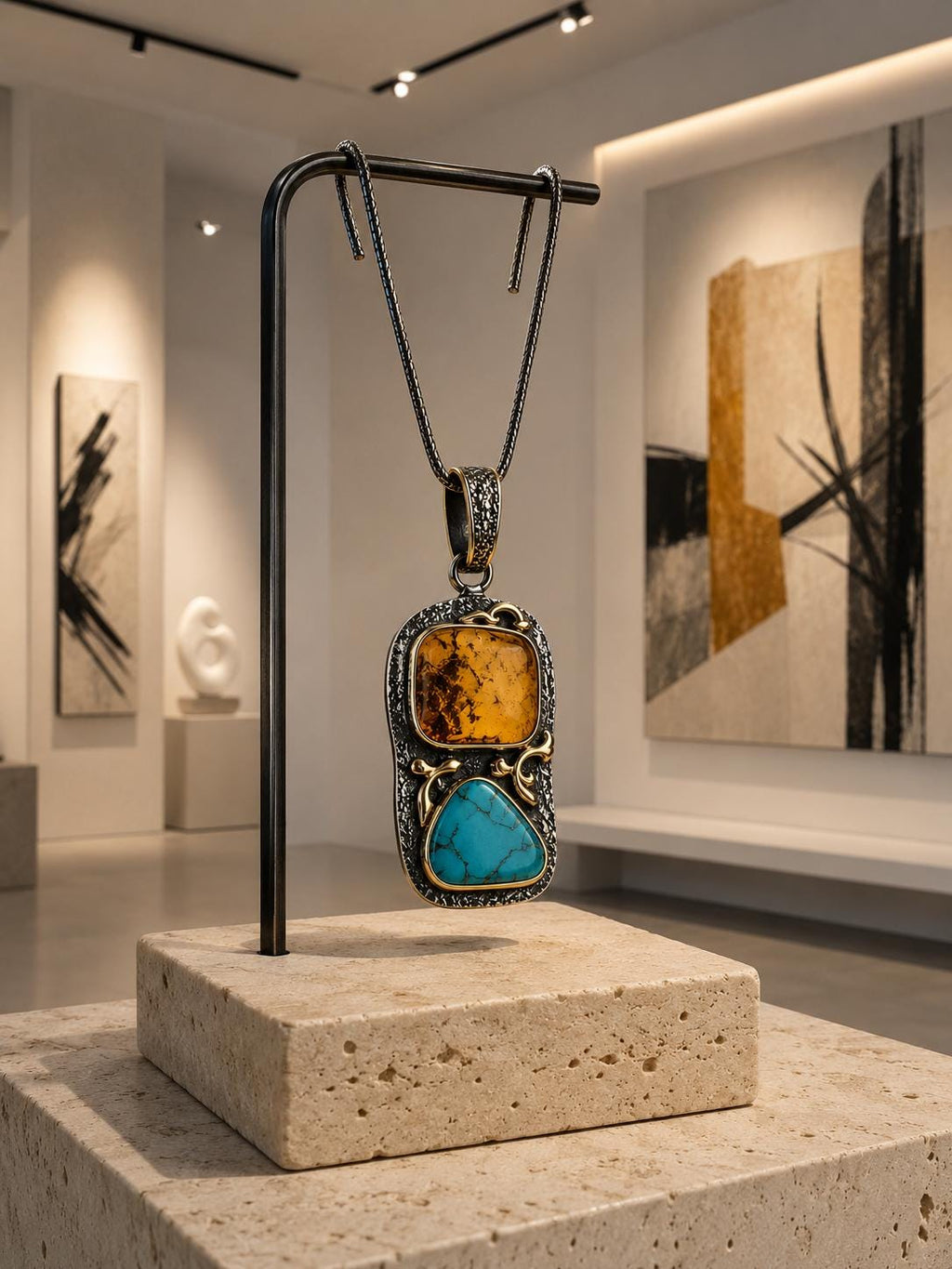 Natural Baltic Amber & Turquoise Pendant, 925 Sterling Silver Gold Plated, Handmade Statement Jewelry, One of a Kind Gift