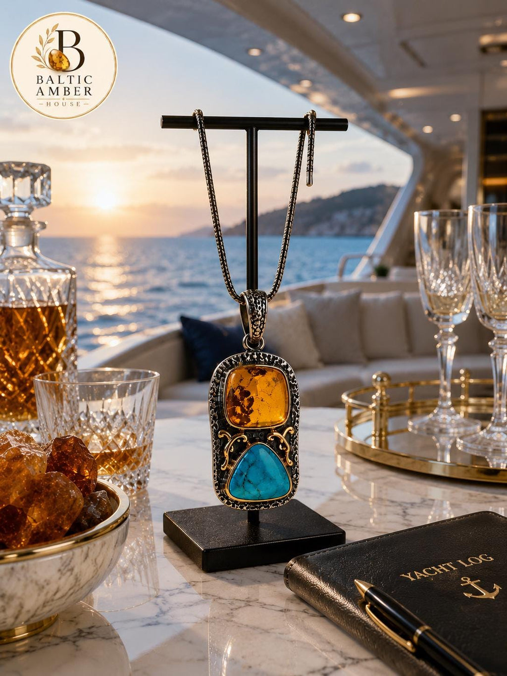 Natural Baltic Amber & Turquoise Pendant, 925 Sterling Silver Gold Plated, Handmade Statement Jewelry, One of a Kind Gift