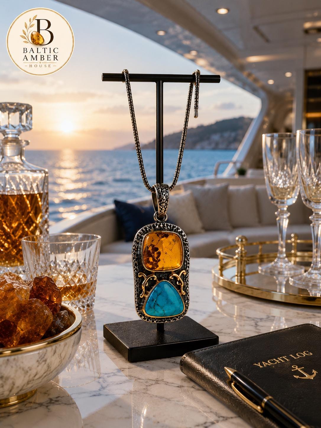 Natural Baltic Amber & Turquoise Pendant, 925 Sterling Silver Gold Plated, Handmade Statement Jewelry, One of a Kind Gift