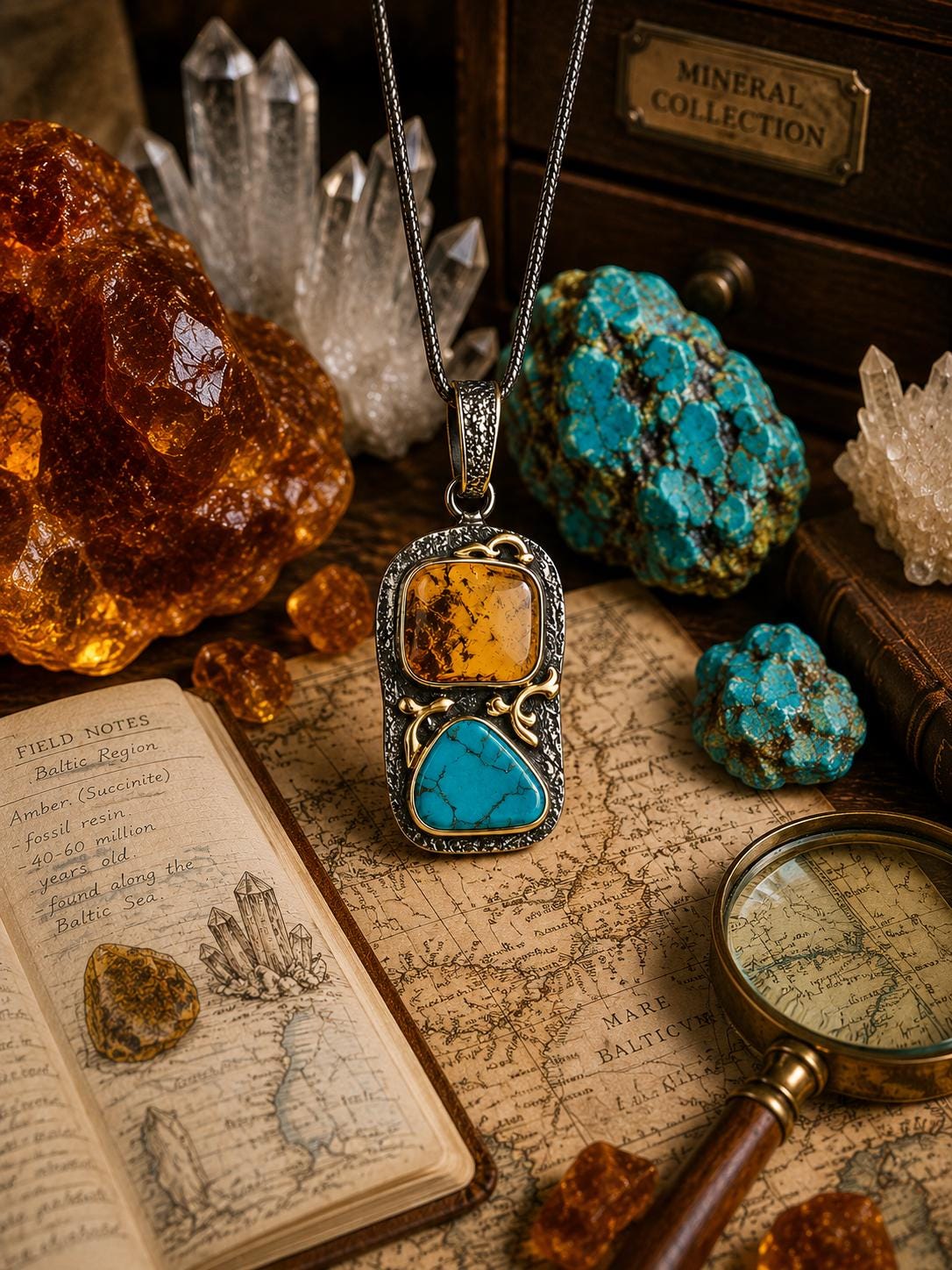 Natural Baltic Amber & Turquoise Pendant, 925 Sterling Silver Gold Plated, Handmade Statement Jewelry, One of a Kind Gift