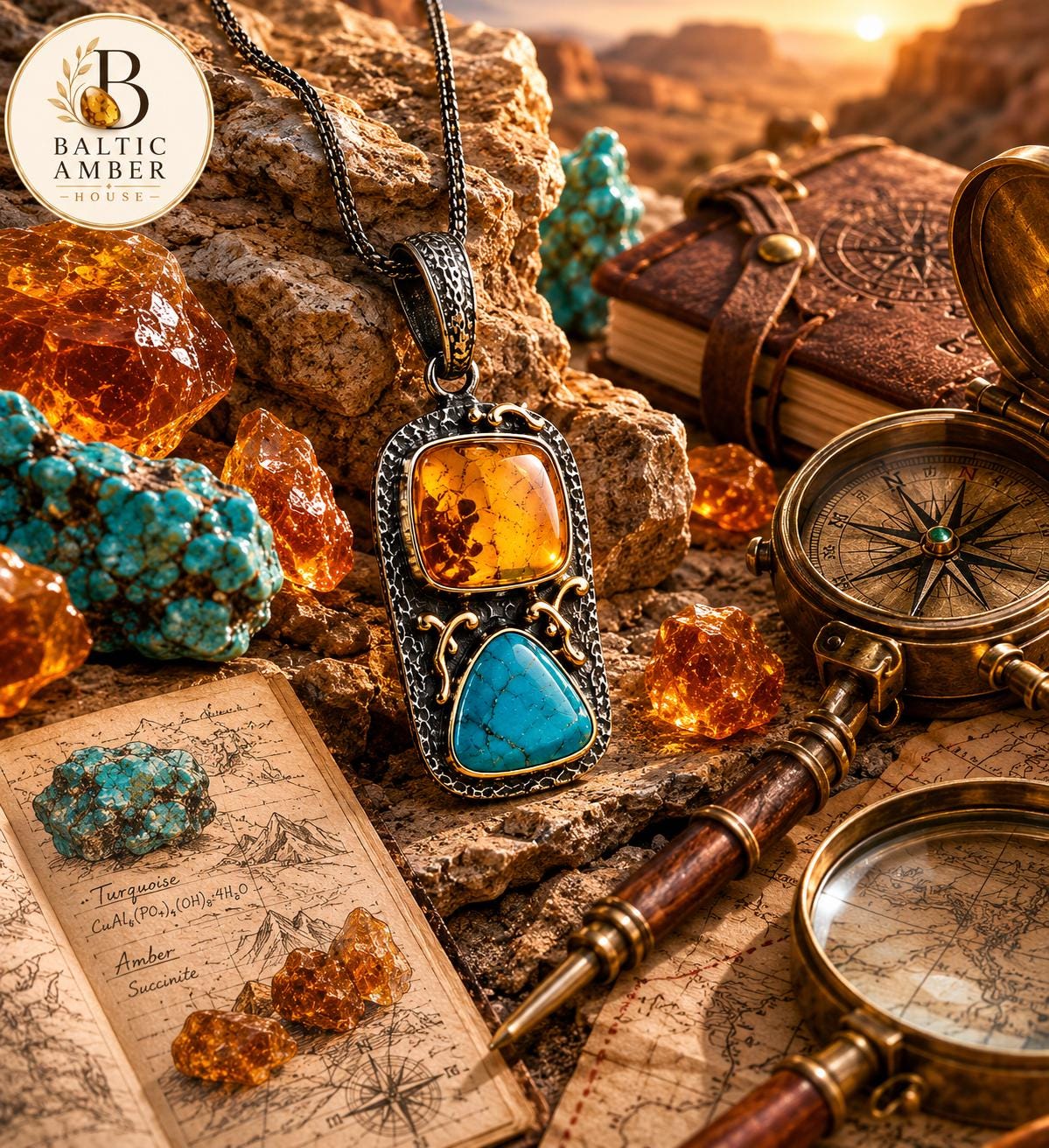 Natural Baltic Amber & Turquoise Pendant, 925 Sterling Silver Gold Plated, Handmade Statement Jewelry, One of a Kind Gift