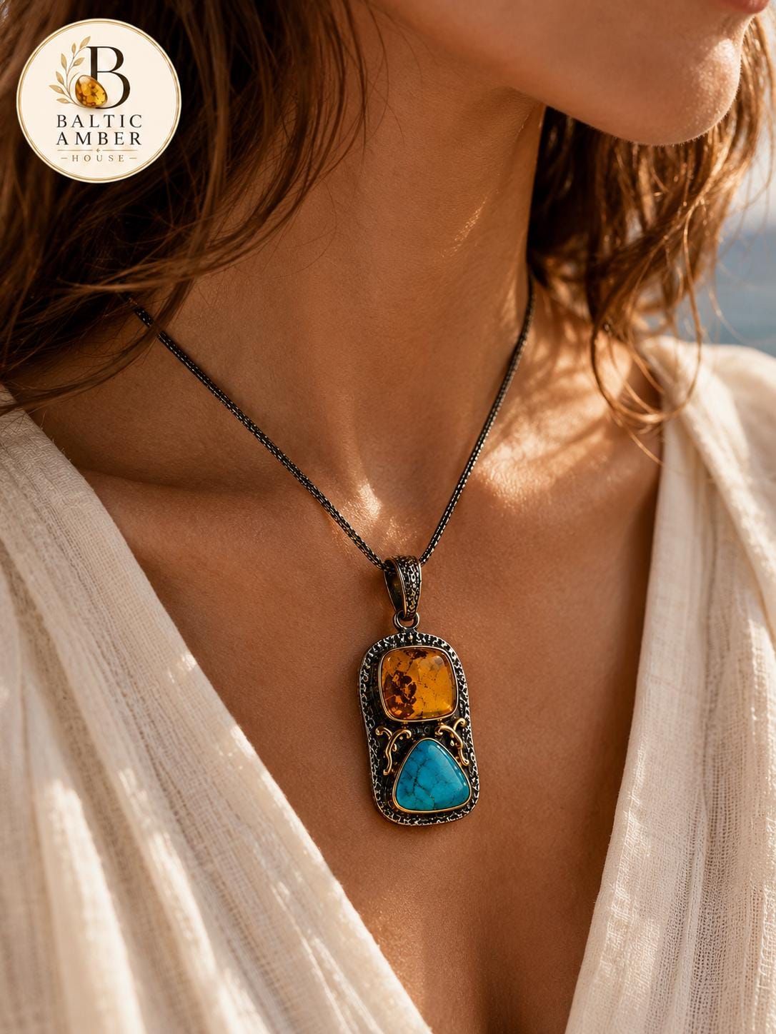 Natural Baltic Amber & Turquoise Pendant, 925 Sterling Silver Gold Plated, Handmade Statement Jewelry, One of a Kind Gift