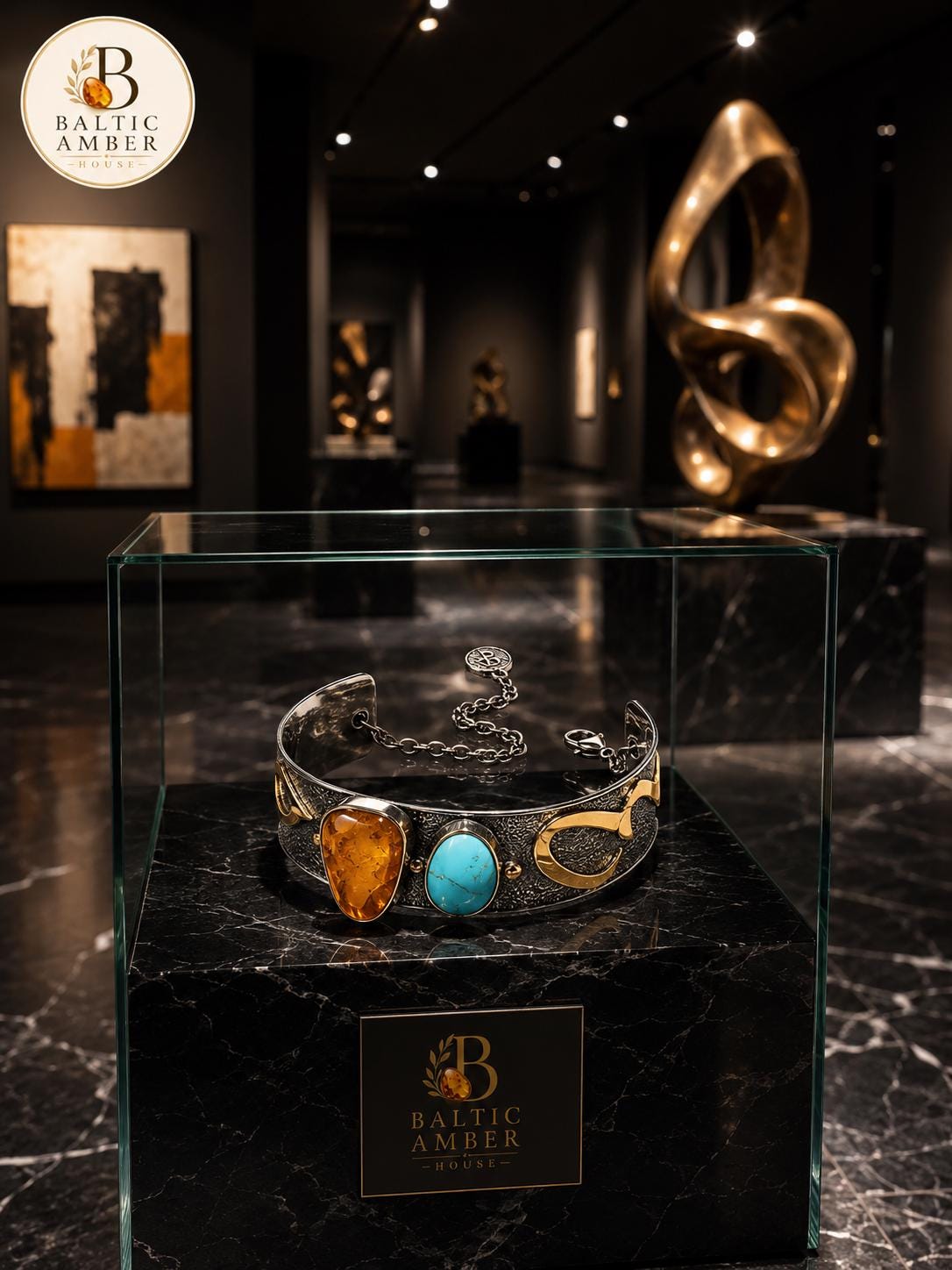 Natural Baltic Amber & Turquoise Bracelet, 925 Sterling Silver Gold Plated Cuff, Handmade Luxury Statement Bracelet, Artisan Gift for Her